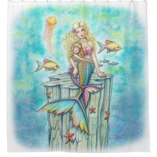 Schattigee zeemeermin moeder en dochter kunst douchegordijn (Voorkant)