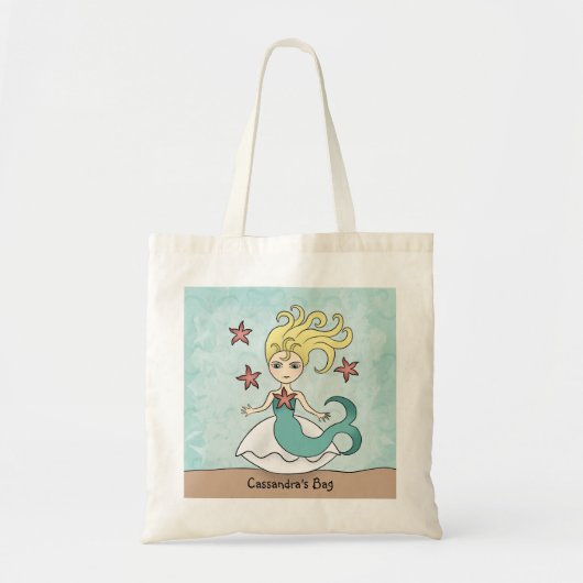 Schattigee zeemeermin op een schaal met zeester tote bag (Voorkant)