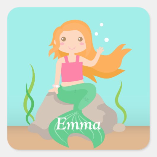 Schattigee Zeemeermin op Rock Meisjes Gepersonalis Vierkante Sticker (Voorkant)