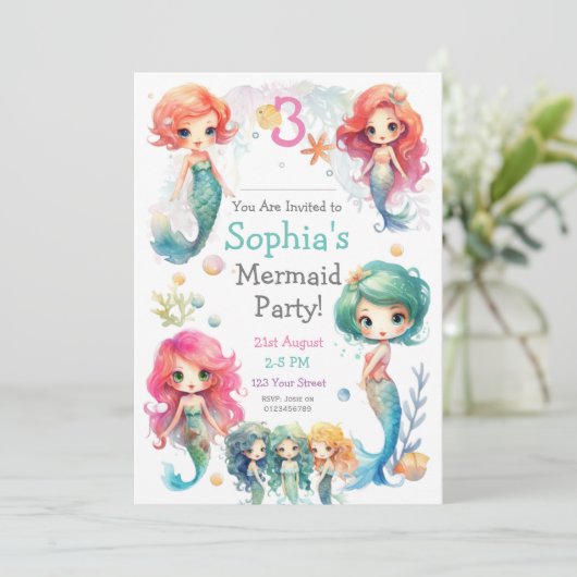 Schattigee Zeemeermin Party Invitation, bewerkbare Kaart (Staand voorkant)