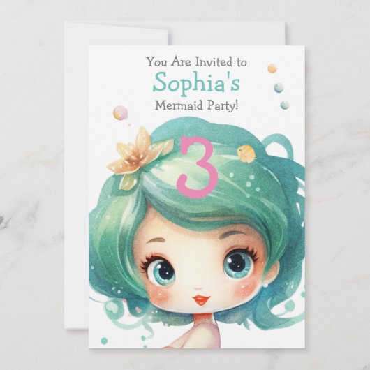 Schattigee Zeemeermin Party Invitation, bewerkbare Kaart (Achterkant)