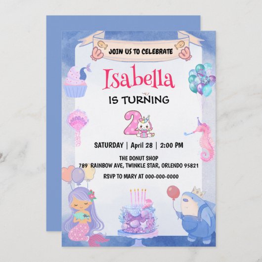 Schattigee Zeemeermin Regenboog Eenhoorn 2e Verjaa Kaart (Voorkant / Achterkant)