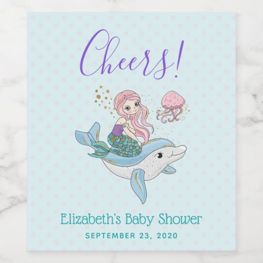 Schattigee Zeemeermin Rijden een Dolfijn Onder het Wijn Etiket (Enkel label)