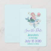 Schattigee Zeemeermin Rijden een Dolfijn Verjaarda Save The Date (Voorkant / Achterkant)