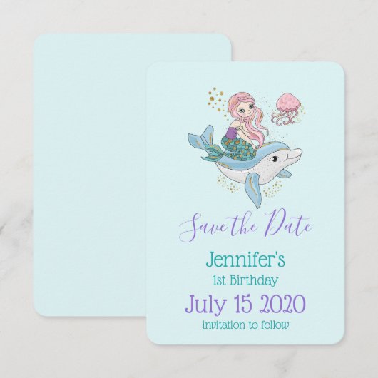 Schattigee Zeemeermin Rijden een Dolfijn Verjaarda Save The Date (Voorkant / Achterkant)