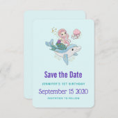 Schattigee Zeemeermin Rijden een Dolfijn Verjaarda Save The Date (Voorkant / Achterkant)