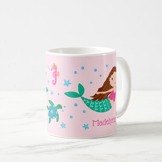 Schattigee zeemeermin roze gepersonaliseerd koffiemok (Voorkant rechts)