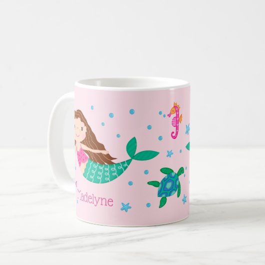 Schattigee zeemeermin roze gepersonaliseerd koffiemok (Voorkant links)
