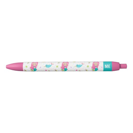 Schattigee Zeemeermin Strandmeisje Monogram Kinder Zwarte Inkt Pen (Voorkant)
