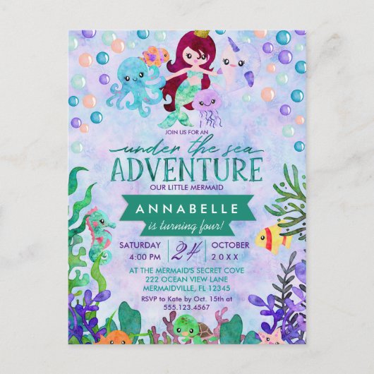 Schattigee Zeemeermin thema Verjaardagsfeestuitnod Uitnodiging Briefkaart (Voorkant)