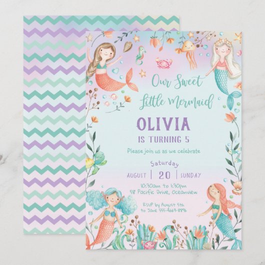 Schattigee Zeemeermin Verjaardag Regenboog Onder h Kaart (Voorkant / Achterkant)