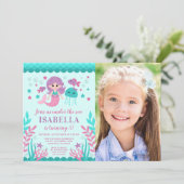 Schattigee Zeemeermin Verjaardagsfeestfoto Kaart (Staand voorkant)