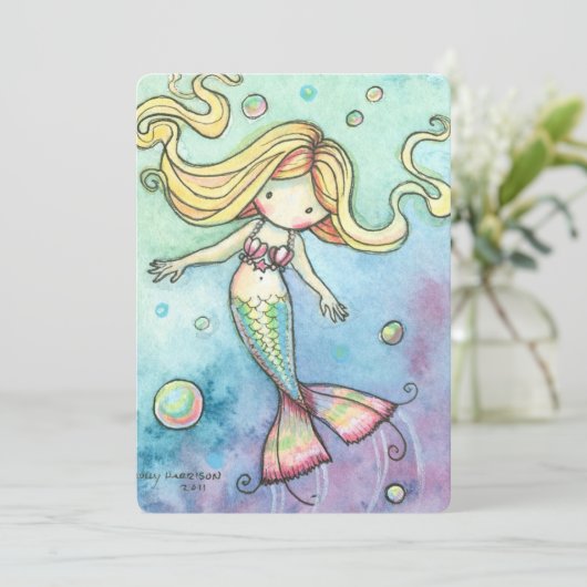 Schattigee zeemeermin verjaardagsfeestje nodigt ui kaart (Staand voorkant)