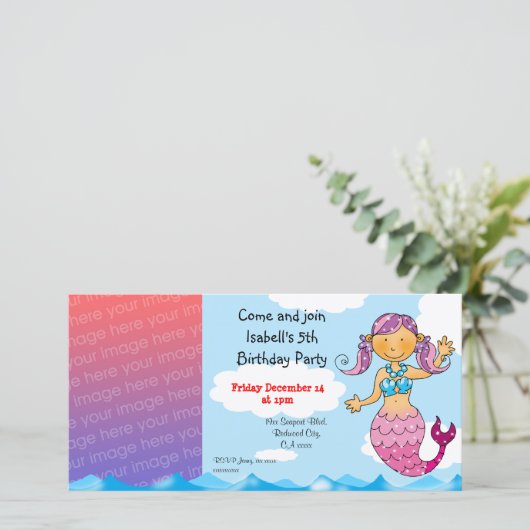 Schattigee zeemeermin verjaardagsfeestje uitnodige (Staand voorkant)