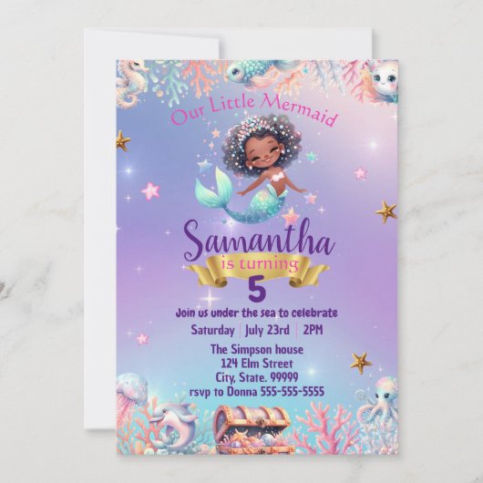 Schattigee zeemeermin verjaardagsuitnodiging voor  kaart (Voorkant)