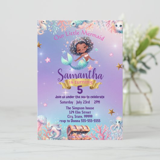 Schattigee zeemeermin verjaardagsuitnodiging voor  kaart (Staand voorkant)