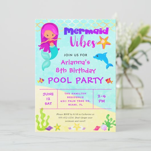 Schattigee Zeemeermin Vibes Verjaardag Zwembad Par Kaart (Staand voorkant)