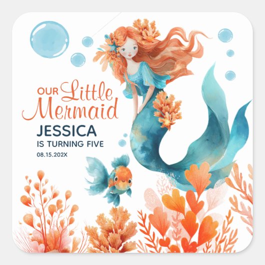 Schattigee Zeemeermin Waterverf Ocean Girl Kindere Vierkante Sticker (Voorkant)