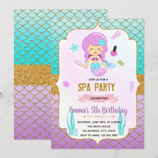 Schattigee zeemeerminnen spa thema uitnodiging (Voorkant / Achterkant)