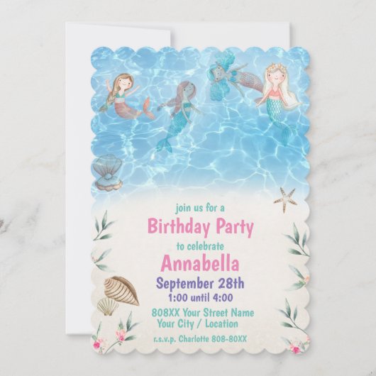 Schattigee zeemeerminnen zwemmen op het strand kaart (Voorkant)