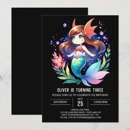 Schattigee zeemeerminverjaardag kaart (Voorkant / Achterkant)