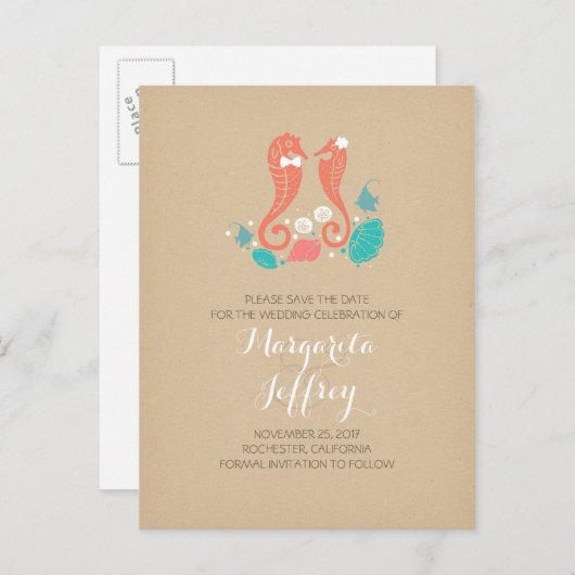 Schattigee zeepaardpaar strand Sla de datum briefk Aankondigingskaart (Voorkant / Achterkant)