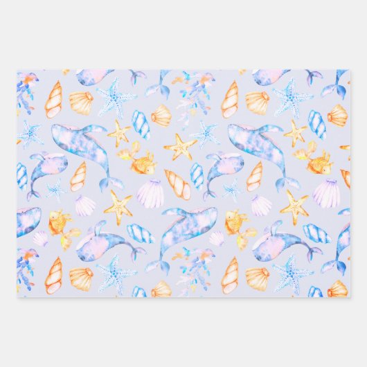 Schattigee zeeschelpen blauw en wit inpakpapier vel (Voorkant 3)