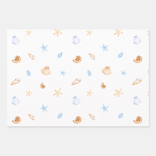 Schattigee zeeschelpen blauw en wit inpakpapier vel (Voorkant 2)