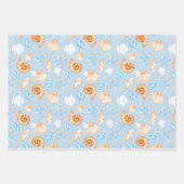 Schattigee zeeschelpen blauw en wit inpakpapier vel (Voorkant)