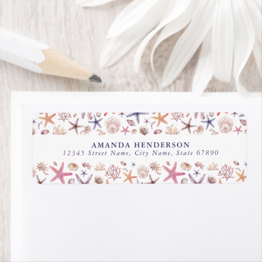 Schattigee zeesterren en schelpen retour adreslabe etiket (Insitu)