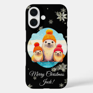 Schattigee zegels met gebreid pet Kerstillustratie iPhone 16 Hoesje
