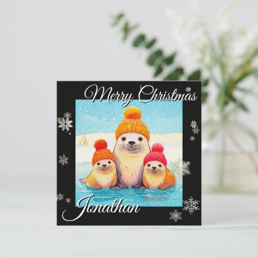 Schattigee zegels met gebreid pet Kerstillustratie Feestdagenkaart (Staand voorkant)