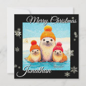 Schattigee zegels met gebreid pet Kerstillustratie Feestdagenkaart (Voorkant)