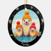 Schattigee zegels met gebreid pet Kerstillustratie Keramisch Ornament (Links)