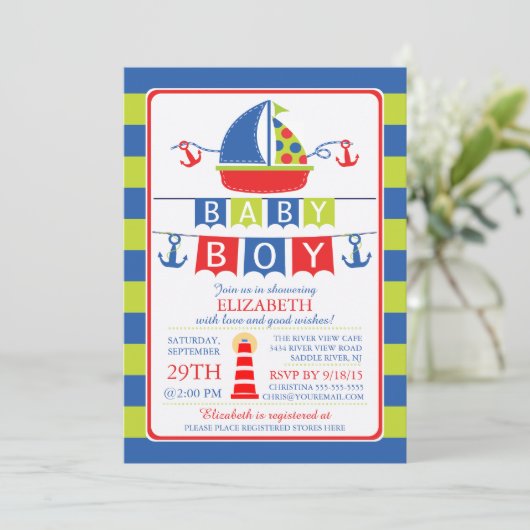 Schattigee zeilboot nautische jongen Baby shower u Kaart (Staand voorkant)