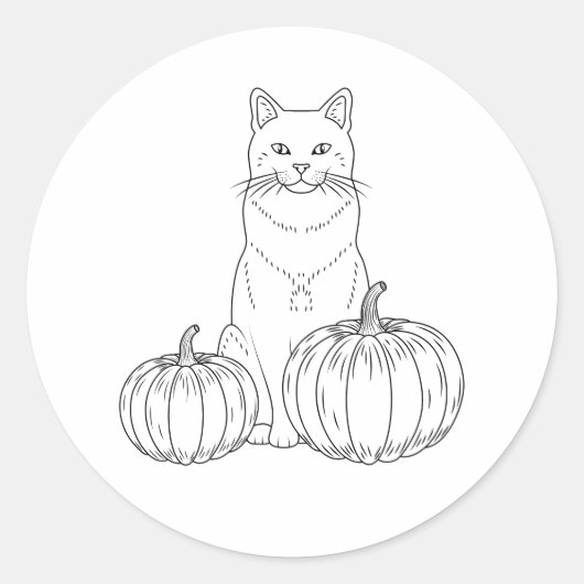 Schattigee zitkat met pompoenen Autumn Line Art Ronde Sticker (Voorkant)