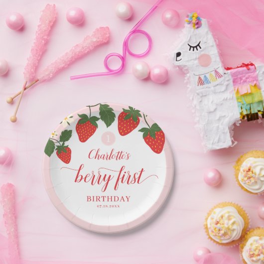 Schattigee zoete aardbei 1e verjaardag papieren bordje (Feest)