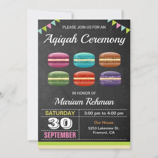 Schattigee zoete macarons aqeeqah | Aqiqah Ceremon Kaart (Voorkant)