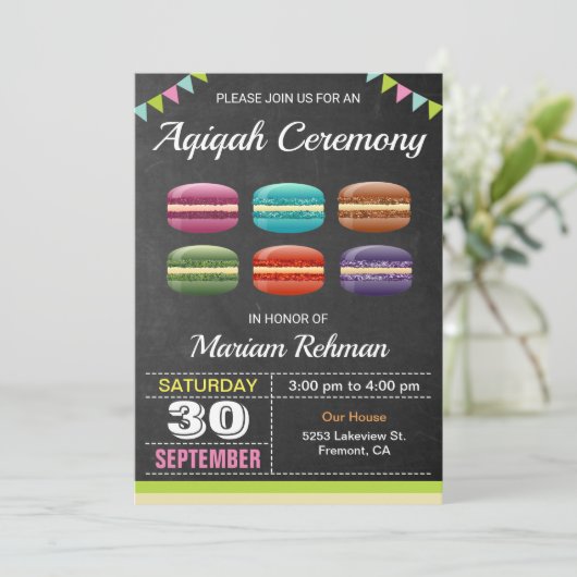 Schattigee zoete macarons aqeeqah | Aqiqah Ceremon Kaart (Staand voorkant)