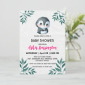 Schattigee zoete pinguïn lente bladeren baby showe kaart (Staand voorkant)