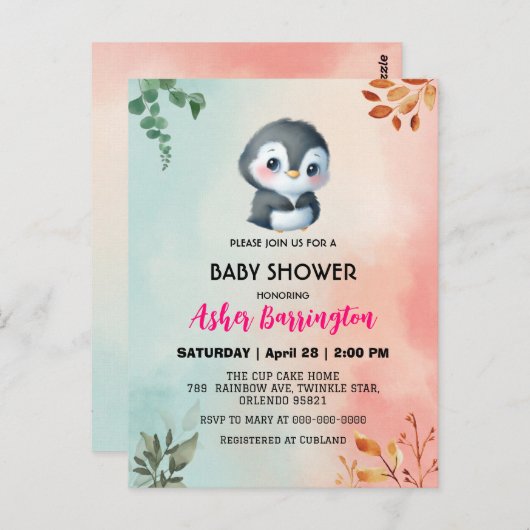 Schattigee zoete pinguïn Lentebloem baby shower ki Briefkaart (Voorkant / Achterkant)