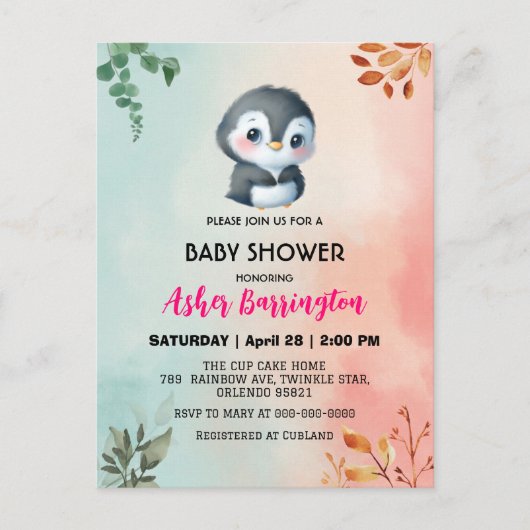 Schattigee zoete pinguïn Lentebloem baby shower ki Briefkaart (Voorkant)