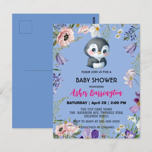 Schattigee zoete pinguïn Rustieke bloem baby showe Briefkaart (Voorkant / Achterkant)