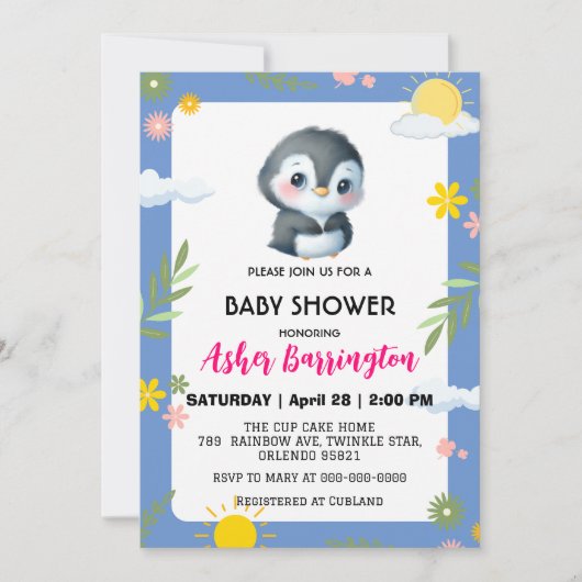 Schattigee zoete pinguïn zon sky bloem baby shower kaart (Voorkant)
