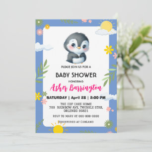 Schattigee zoete pinguïn zon sky bloem baby shower kaart