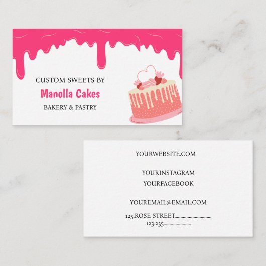 Schattigee zoete taart roze druppeldeeg visitekaartje (Voorkant / Achterkant)
