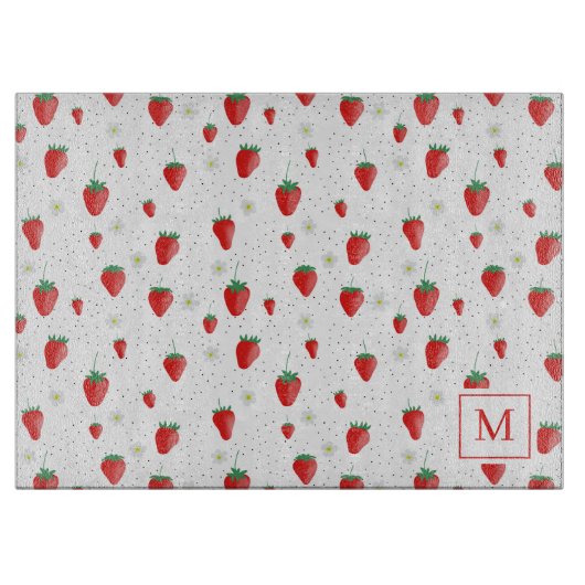 Schattigee Zomer Aardbeien & Bloesems Monogram Snijplank (Voorkant)