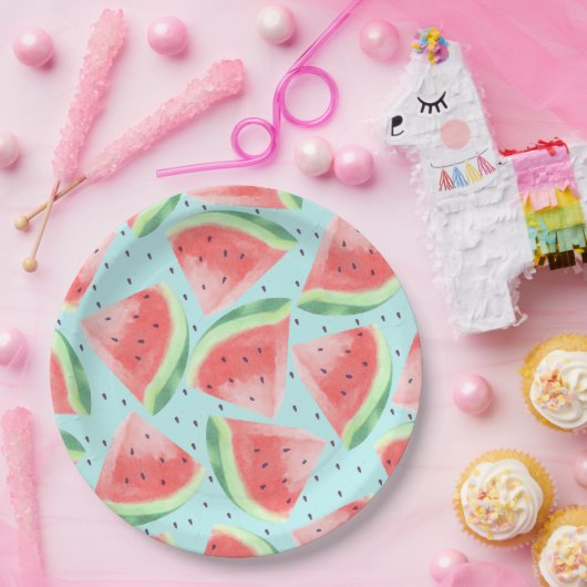 Schattigee zomer Kawaii Waterverf Watermeloen Papieren Bordje (Feest)