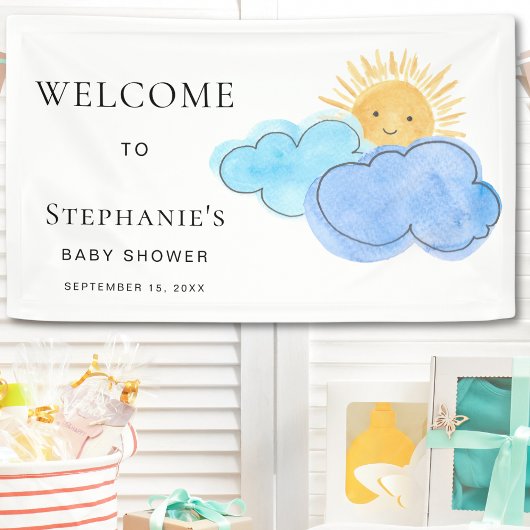 Schattigee zon en wolken jongen Baby shower welkom Spandoek