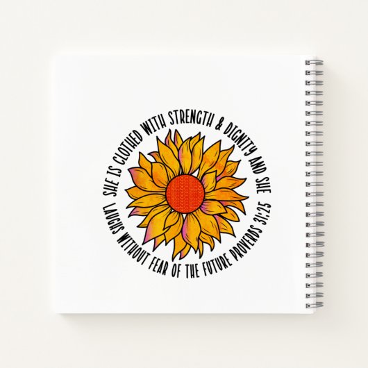 Schattigee zonnebloem bijbelvers Spreuken 31 Notitieboek (Achterkant)